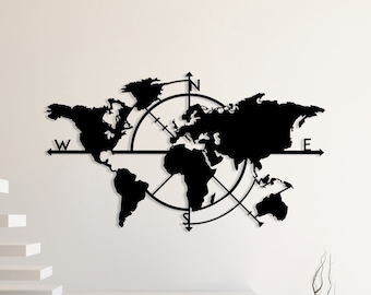 Metal World Map Compass, Metal Wall Decor, Art Work, World Map Wall Art, Metal Art, Wall Decoration, Home Metal Decor (38x24 inc/96x62cm)