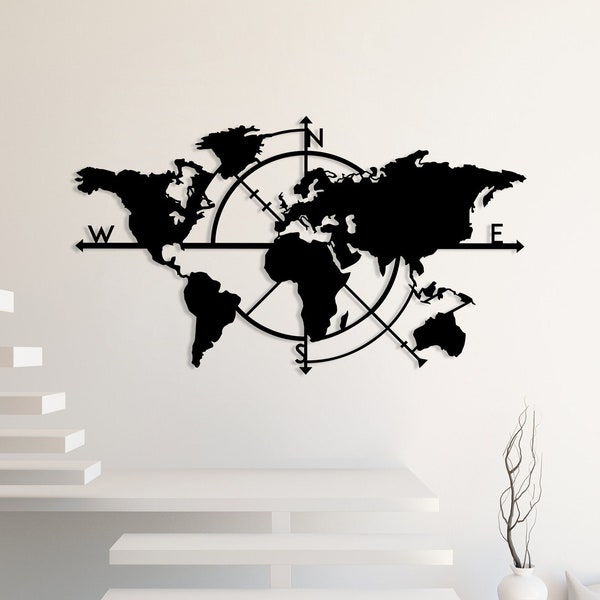 Metalen wereldkaart kompas, metalen wanddecoratie, kunstwerk, wereldkaart kunst aan de muur, metalen kunst, wanddecoratie, thuis metalen decor (38x24 inc/96x62cm)