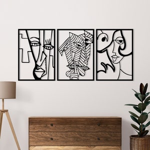 Mid Century moderne Metallwandkunst, Galeriewandset Metallwanddekor, minimalistische Mann&Frau-Linie Kunst, geometrisches Gesicht Hauptmetalldekor; 3tlg