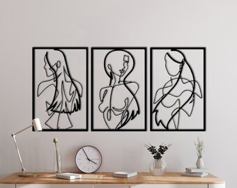 Female Metal Wall Art, Women Line Art, Girls Metal Wall Decor, Modern Minimalist Home Decor, Bedroom, Living room Single Line Art, 3pcs.