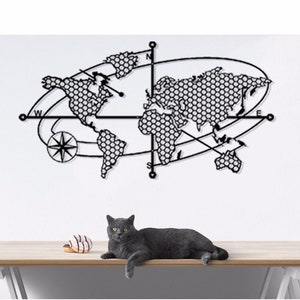 Weltkarte Metall Wandkunst | Weltkarte mit Kompass | Reise-minimalistische Wandkunst | Globe Metallkunst | Outdoor-Liebhaber-Geschenk für Reisende