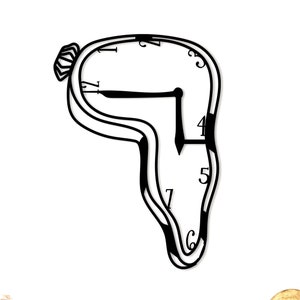 May include: Black and white wall clock in the shape of a melting pocket watch. The clock is hanging on a white wall.