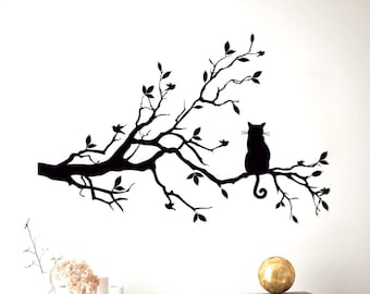 Metalen kat op een tak wanddecoratie: woondecoratie voor kattenliefhebbers met vogels