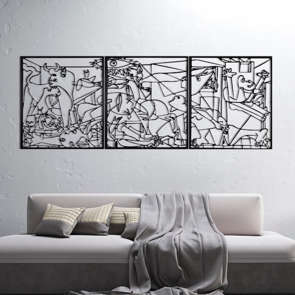 Picasso - Guernica Metal Wall Decor, Original Painting of Pablo Picasso, Cubic Artifact, 3D Metal Wall Art Decoration(63"x24"/159x60cm) 3pcs