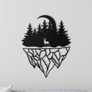 Decorazione da parete in metallo; decorazione da parete a forma di foresta di pini, cartello da parete con iceberg, decorazione da parete in metallo a forma di cervo, scultura di alce come regalo, decorazione da camera con alberi a mezzaluna.