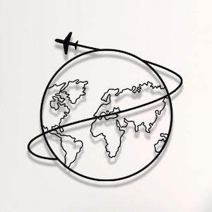 Décoration murale en métal, carte du monde | Carte du monde avec avion | Art mural minimaliste de voyage | Dessin au trait globe | Cadeau amateur de plein air pour les voyageurs