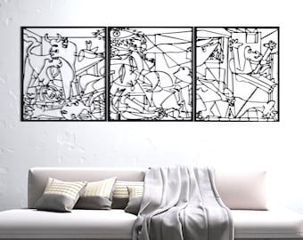Picasso - Guernica Metal Wall Decor, Original Painting of Pablo Picasso, Cubic Artifact, 3D Metal Wall Art Decoration(63&quot;x24&quot;/159x60cm) 3pcs