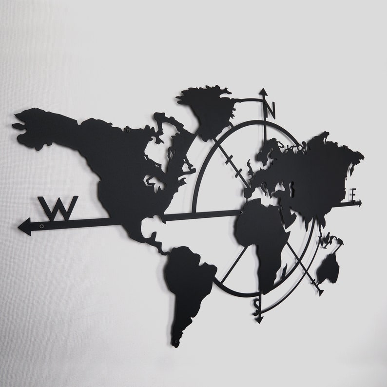 Metal World Map Compass Metal Wall Decor Art Work World Map Etsy