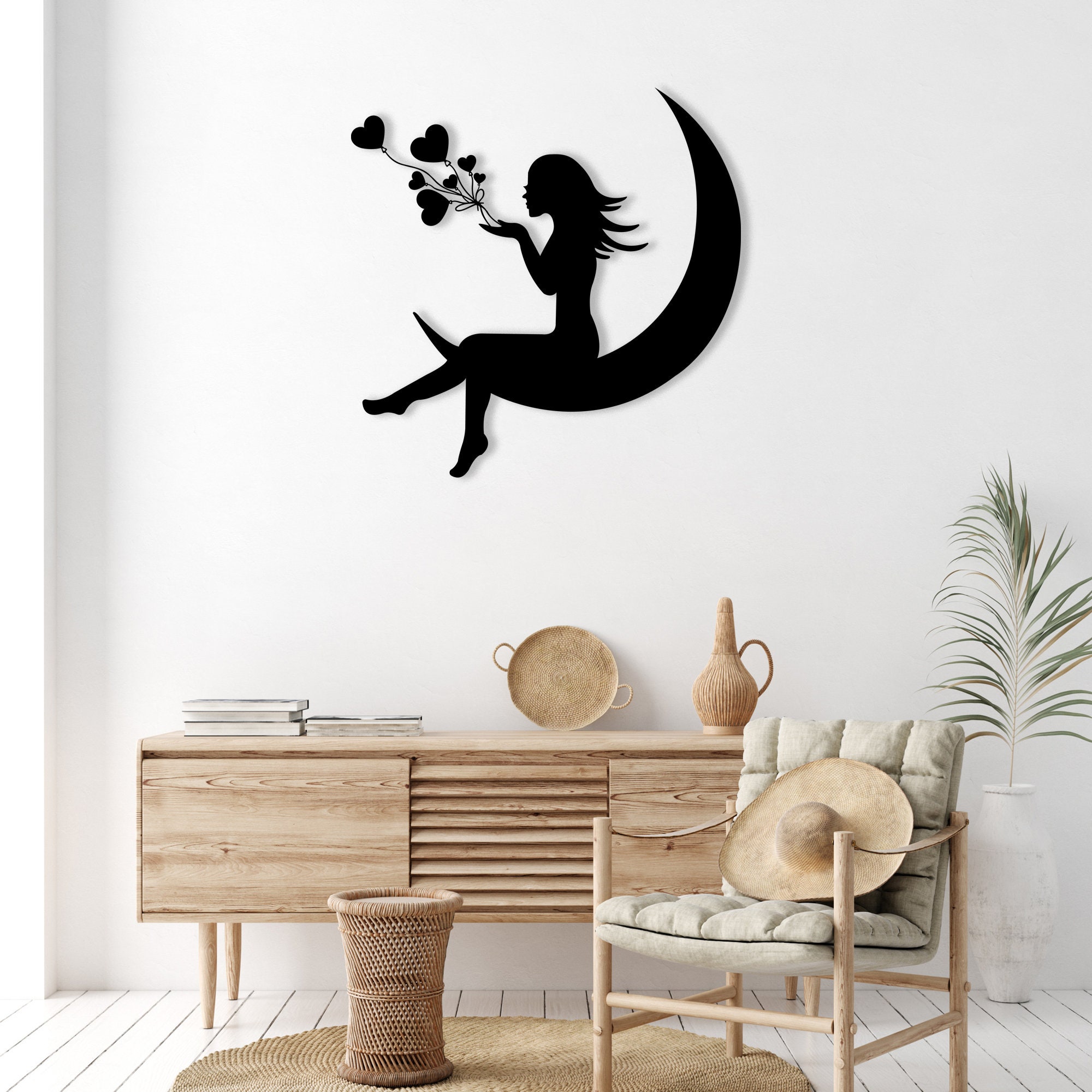 Girl on Moon Metal Wall Art: Laser Cut Crescent Moon Decor - Etsy