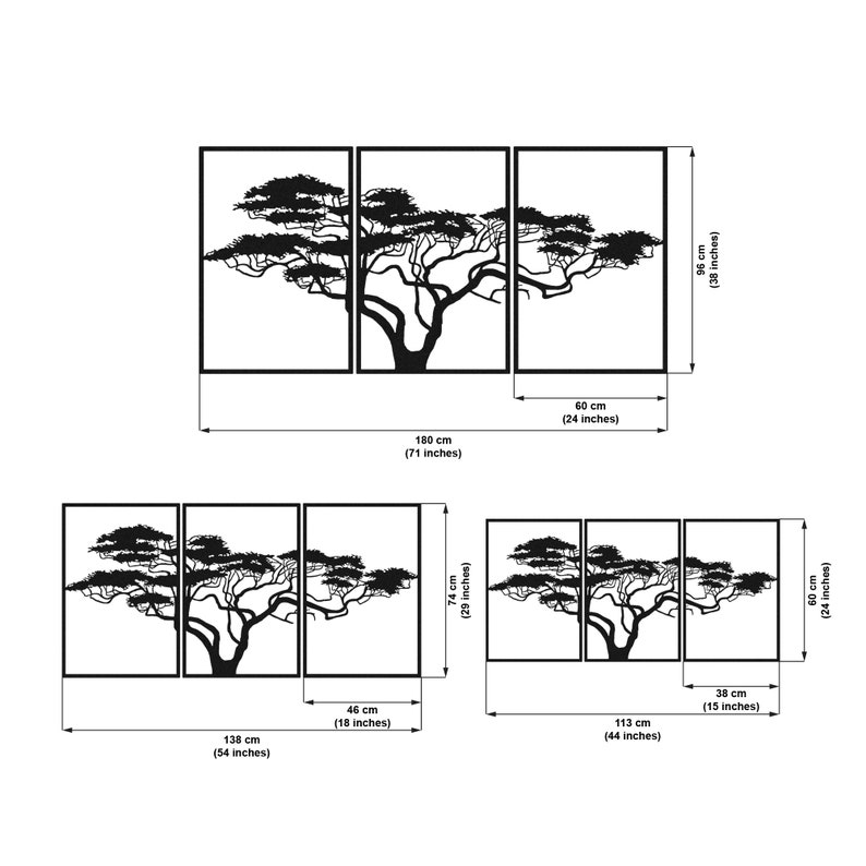 Op de afbeelding: Een zwarte metalen wandsculptuur van een boom met drie panelen. De sculptuur is 180 cm breed en 96 cm hoog. De boom is gemaakt van dun metaal en heeft een delicaat, ingewikkeld ontwerp.