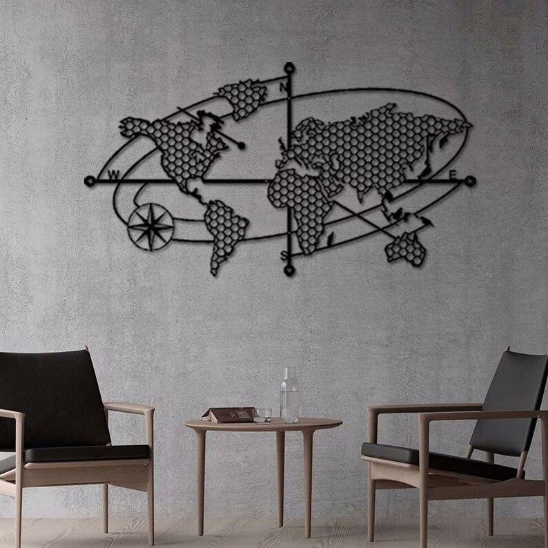 XL Oval World Map Metal Wall Decor World Map Wall Art Metal Etsy