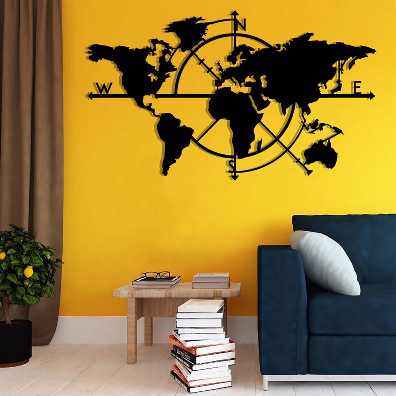 Metal World Map Compass Metal Wall Decor Art Work World Map Etsy