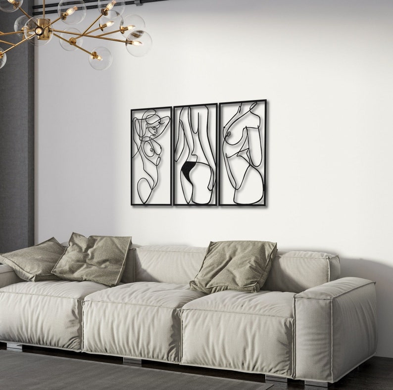 Nude Metal Wall Art, Women Painting Line Art; Abstract Metal Wall Art, Get Naked Art Metal Wall Decor for Home & Office, Bedroom Gifts 3pcs. 