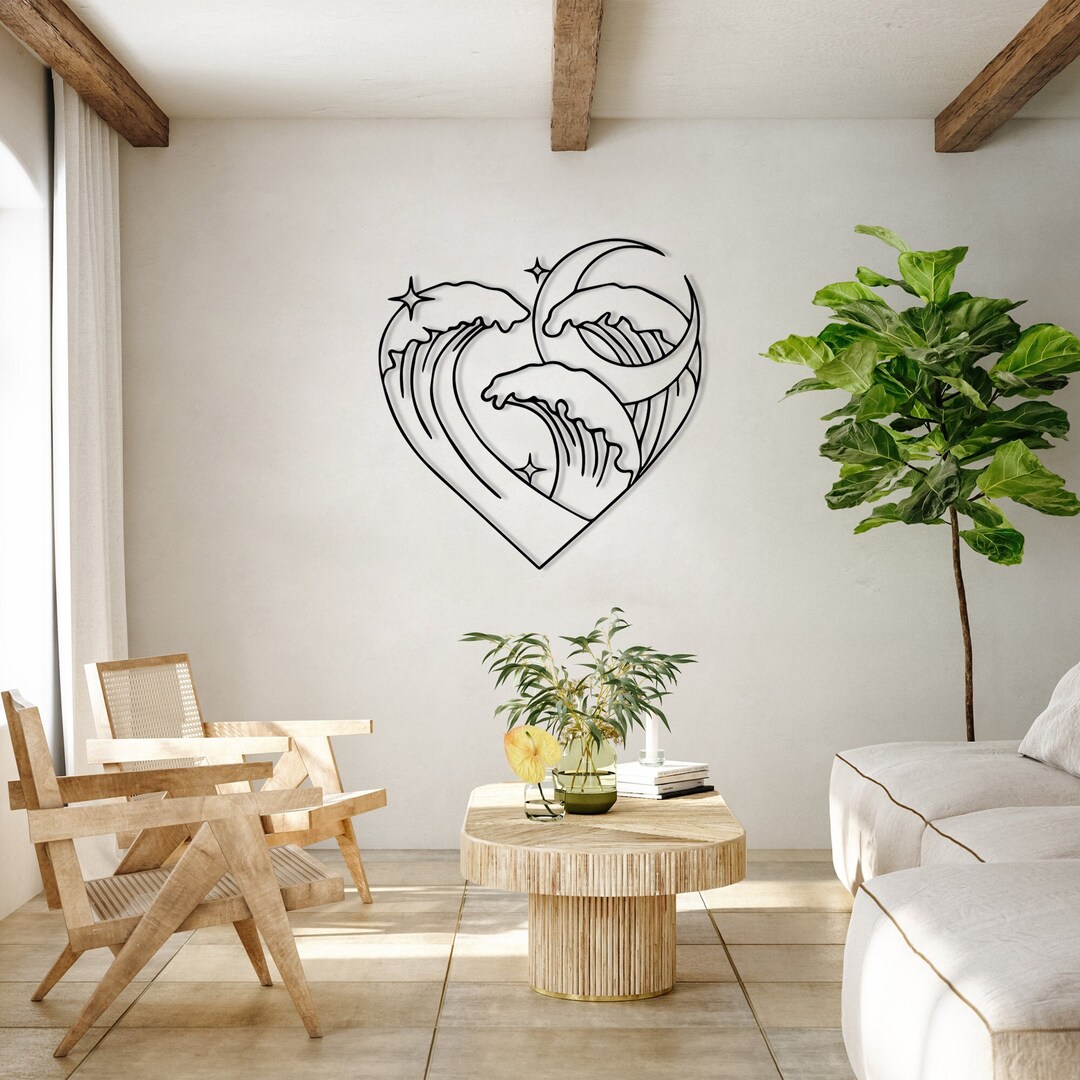 Great Wave Heart Wall Decor, One Line Drawing Art, Kanagawa Oki Nami ...