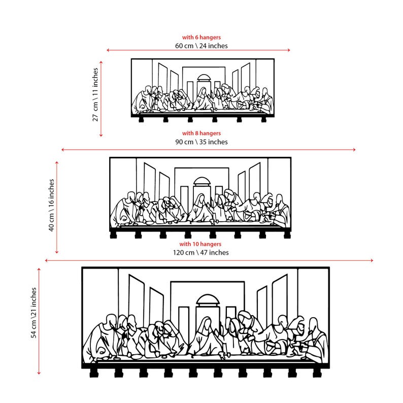 Puede incluir: Un dibujo en blanco y negro de La &Uacute;ltima Cena de Leonardo da Vinci. La imagen muestra los diferentes tama&ntilde;os disponibles para la compra: 60 cm x 24 pulgadas, 90 cm x 35 pulgadas y 120 cm x 47 pulgadas.