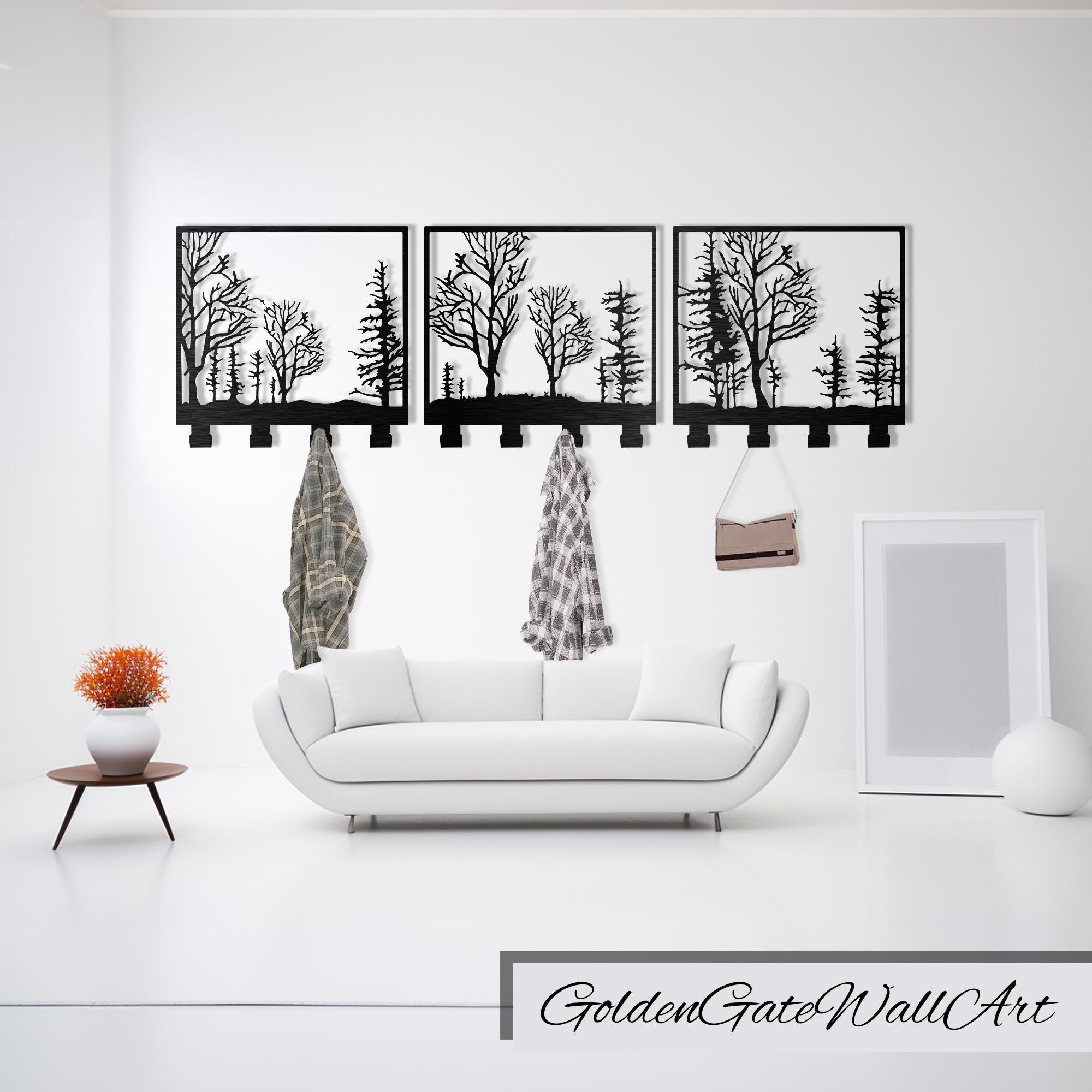Triptych Forest Metal Wall Coat Rack, 3 Piece Enchanted Garden Wall Art, Tree Wall Coat Hooks Hanger, Hat Rack,Hall Tree,Key Holder for Wall