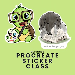 以下が含まれることがあります： 初心者向けのProcreateステッカークラス。緑色の眼鏡をかけたカメが筆とパレットを持っているデジタルステッカーと、白黒の犬が本を読んでいるデジタルステッカーの2つ。犬のステッカーには「Lost in the pages」というテキストがあります。