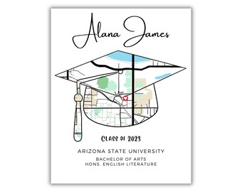 May include: A graduation cap illustration filled with a map featuring a red heart marker. Text reads: Alana James, CLASS OF 2023, ARIZONA STATE UNIVERSITY, BACHELOR OF ARTS, HONS. ENGLISH LITERATURE. The design includes black lines and pastel colours.
