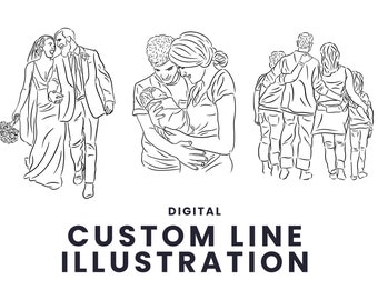 Op de afbeelding: Een digitale lijntekening in zwart-wit met drie verschillende scènes: een wandelend stel, een ouder met een pasgeborene en een staand gezin. De tekst luidt DIGITAL CUSTOM LINE ILLUSTRATION.