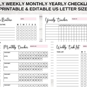 Dagelijkse wekelijkse maandelijkse jaarlijkse checklistsjablonen. Dagelijkse routine, wekelijkse takenlijst, maandelijkse jaarlijkse tracker. Bewerkbare to do-lijsten lettergrootte