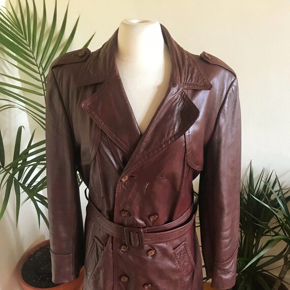 Vintage 70s Brown Leather Trench Coat with Belt