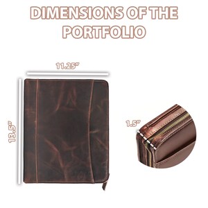 May include: A brown portfolio with a zipper closure, measuring 11.25 inches wide, 13.5 inches high, and 1.5 inches thick. The text "DIMENSIONS OF THE PORTFOLIO" is displayed at the top of the image.