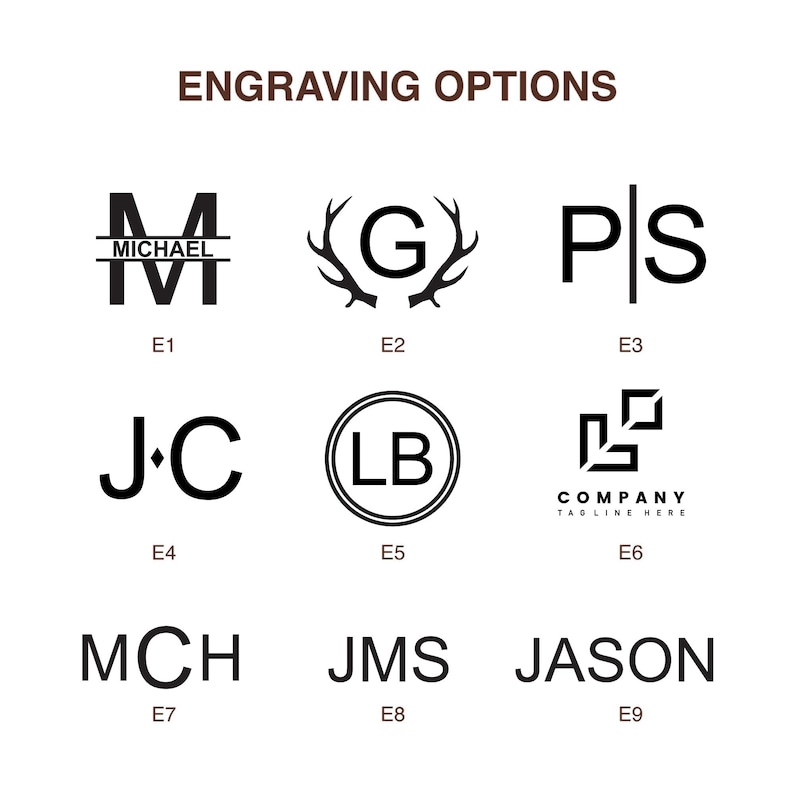 Puede incluir: Un fondo blanco muestra nueve opciones de grabado en negro. Las opciones incluyen iniciales, nombres y un logotipo de empresa. El texto "ENGRAVING OPTIONS" est&aacute; en la parte superior. Cada dise&ntilde;o est&aacute; etiquetado con una combinaci&oacute;n de letra y n&uacute;mero.