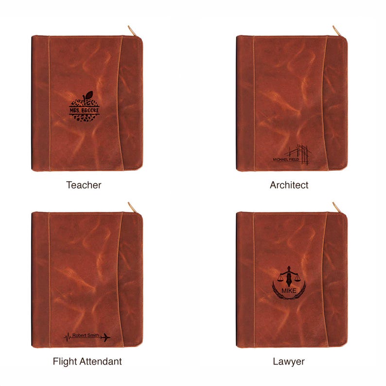 May include: Four brown leather journals with gold zippers. Each journal is embossed with a profession and name: Teacher, Architect, Flight Attendant, and Lawyer. The Teacher journal has an apple graphic, the Architect journal has a bridge graphic, the Flight Attendant journal has an airplane graphic, and the Lawyer journal has a scales graphic.