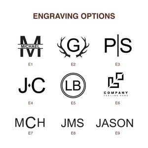 May include: A white background displays nine engraving options in black. The options include initials, names, and a company logo. The text "ENGRAVING OPTIONS" is at the top. Each design is labeled with a letter and number combination.