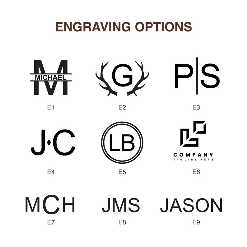 May include: A white background displays nine engraving options in black. The options include initials, names, and a company logo. The text "ENGRAVING OPTIONS" is at the top. Each design is labeled with a letter and number combination.