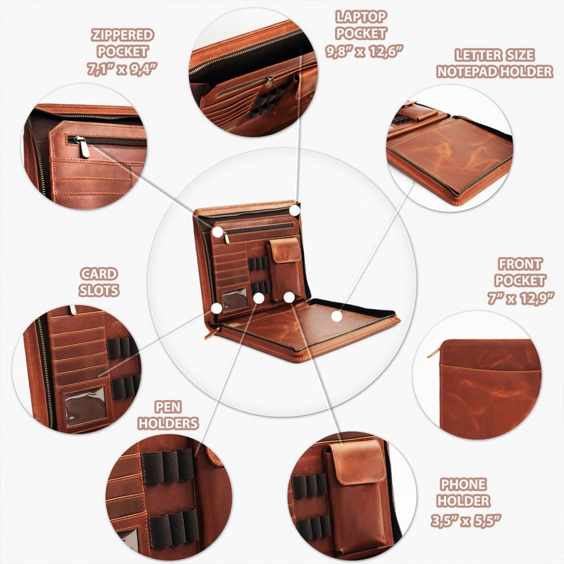 May include: A brown leather portfolio with multiple compartments, including a zippered pocket (7.1" x 9.4"), laptop pocket (9.8" x 12.6"), card slots, pen holders, and a phone holder (3.5" x 5.5"). It also features a letter-size notepad holder and a front pocket (7" x 12.9").