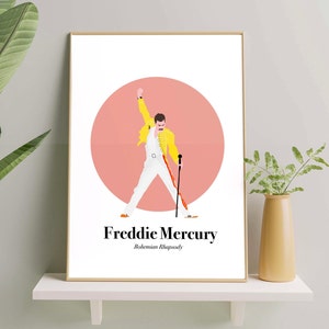 Freddie Mercury Poster- Bohemian Rhapsody Wall Art with Minimalist Pastel Pink Background - Illustration - A4 - A3 - Framing Option