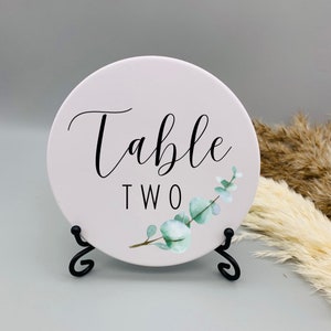 Wedding table number with stand, 10.8cm, custom ceramic coasters, custom table numbers, centrepiece