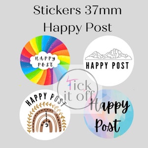 Happy post stickers, rainbow stickers, round business stickers, small business supplies, business packaging, business stationery, matte