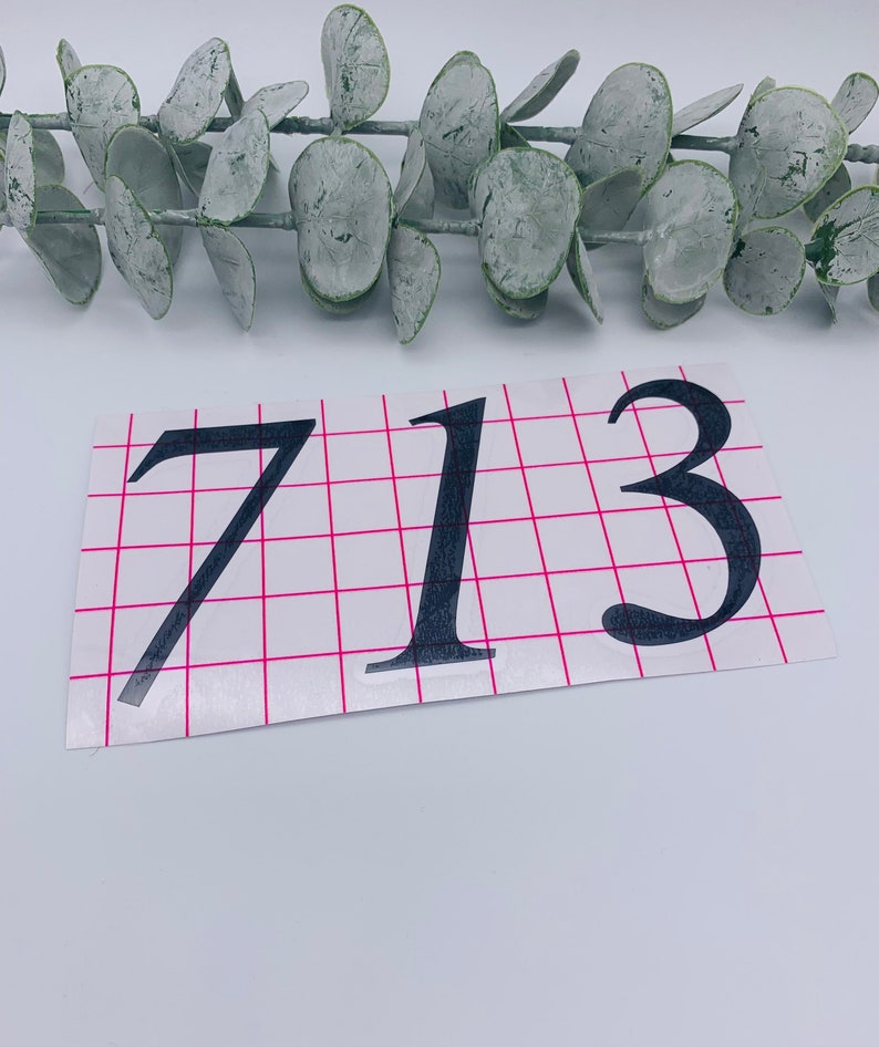 May include: Black vinyl sticker with the number 713 on a white background with a pink grid.
