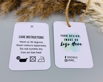 Clothing tags custom, care instruction tags, double sided, swing tags clothing, recycled, eco friendly packaging, small business supplies