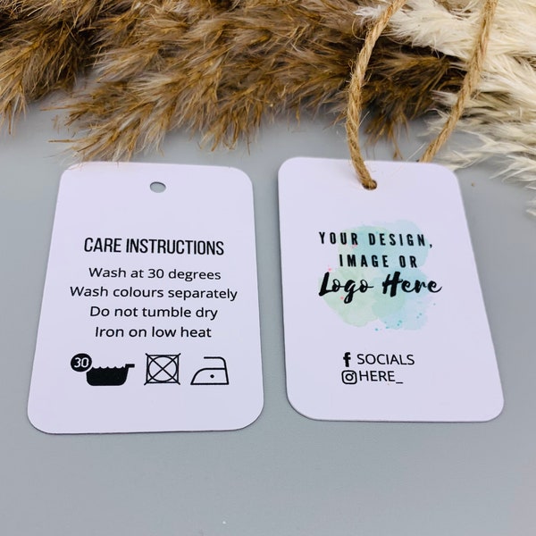 Clothing tags custom, care instruction tags, double sided, swing tags clothing, recycled, eco friendly packaging, small business supplies