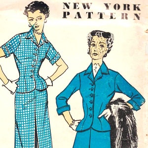 May include: A vintage sewing pattern for a dress with a fitted bodice and a skirt with a front slit. The pattern is for size 12 and is from New York Pattern. The pattern is illustrated with two women wearing the dress, one with a checkered pattern and the other with a solid color.