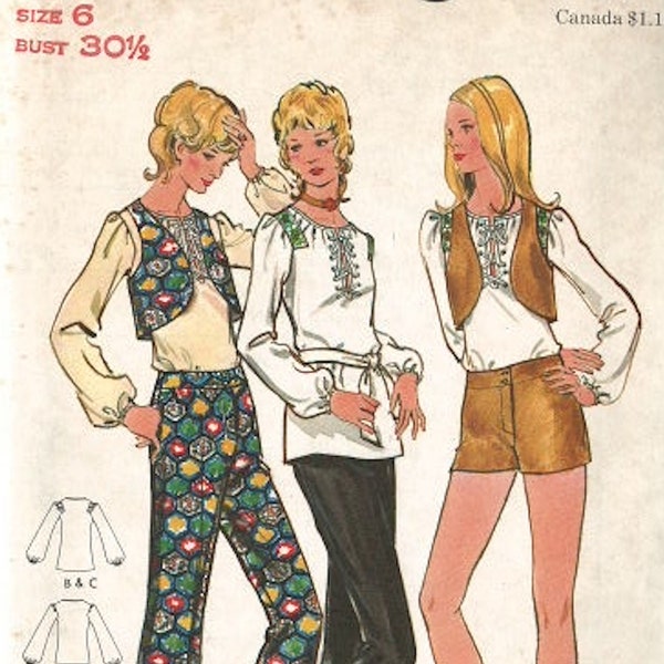 Butterick 6285 1970s Vintage Peasant Blouse Tunic Bolero Vest Low Waisted Pants or Shorts Sewing Pattern Size 6 Bust 30 1/2 Uncut FF