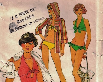 Simplicity 8028  Vintage 1977 Pattern for Misses' One Piece Bathing Suit, Two-Piece Bikini and Cover -Up  Size 14  Bust  36 Complete