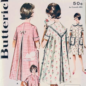May include: Butterick sewing pattern 2118 for a dress, size 14, bust 34. The envelope features illustrations of a short-sleeved dress with a back bow, a sailor-style collar, and patch pockets, labeled Quick 'N Easy, with price 50c.