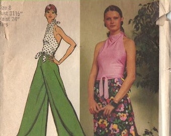 Simplicity 5305, circa 1972 Misses' Super Jiffy Halter Top Pantalon y Falda Talla 8 Busto 31 1/2 Cintura 24