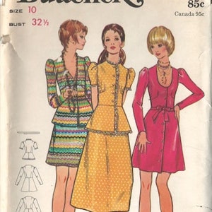 Vintage 1970s Butterick 5830 Front Button Dress, Top with Peplum and Flared Skirt Sewing Pattern Size 10 Bust 32 1/2 Uncut FF