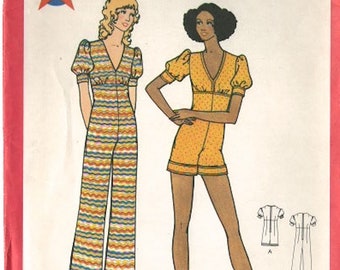 Butterick 6574 Junior Petite Jumpsuit Romper with Deep V-neck and Mock Band Cuffs Original 70’s Sewing Pattern Size 5JP Bust 31 Uncut FF