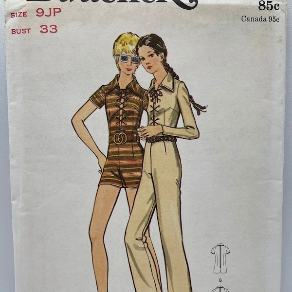 Vintage Early 60s and 70s Butterick 6174 Juniors Front Laced Mini or Evening Length Jumpsuit Sewing Pattern Size 9JP Bust 33 Uncut FF