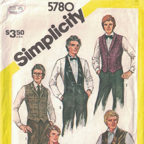 1980s Simplicity 5780 Men's Set Of Lined Wedding Formal Casual Tuxedo Vests 5 Styles Size 40, 1982