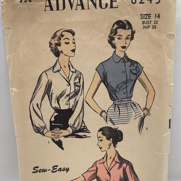 Advance 6245 Short or Long Sleeve Blouse Vintage 50s Sewing Pattern Size 14 Bust 32 Complete