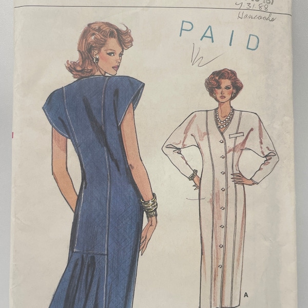 Vintage 80s Very Easy Very Vogue 9933 Dress with Flounce and Cap or Long Sleeves Sewing Pattern Size 14 16 18 Bust 36 38 40 Uncut FF