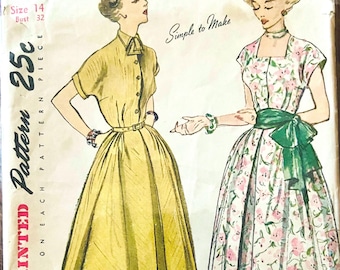 Patrón de costura original Simplicity n.° 2877 (1949): Vestido para señora con corpiño ajustado y falda plisada, talla 14, busto 32"