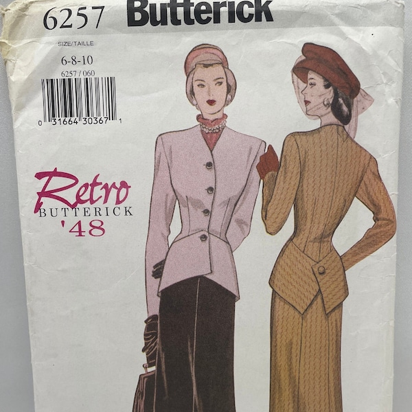 Butterick 6257 Retro 1940s Peplum Jacket and Skirt Suit Sewing Pattern Size 6 8 10 Uncut FF